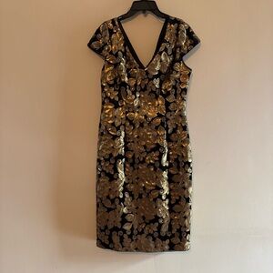 Adrianna Papell Black Midi Dress with Gold Floral Sequin Overlay